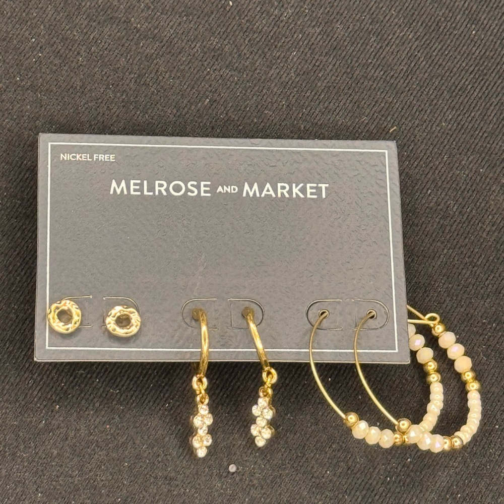 Melrose and Market Set of 3 Gold Studs Cream Beaded Hoops Crystal Dangle Posts